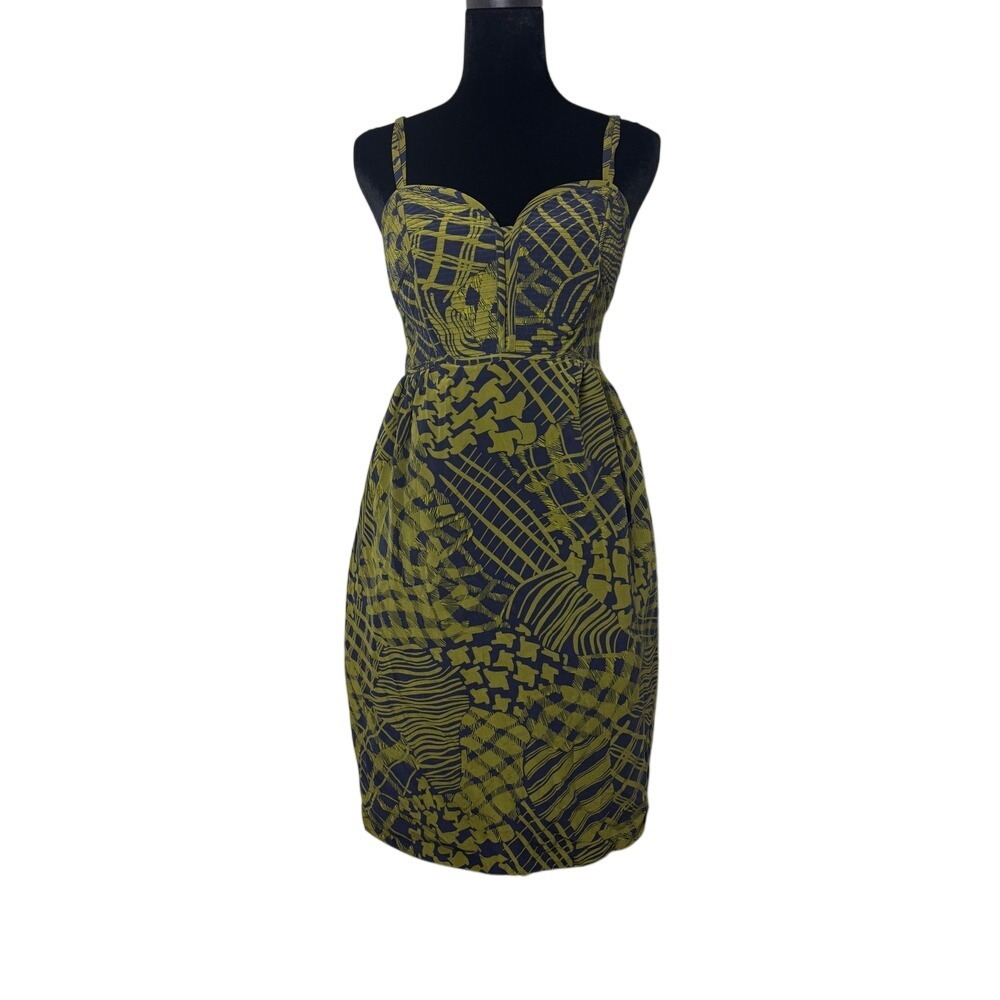 Maple Silk Midi Dress Womens Size XS Green Navy Blue Geometric Pockets Y2K Boho